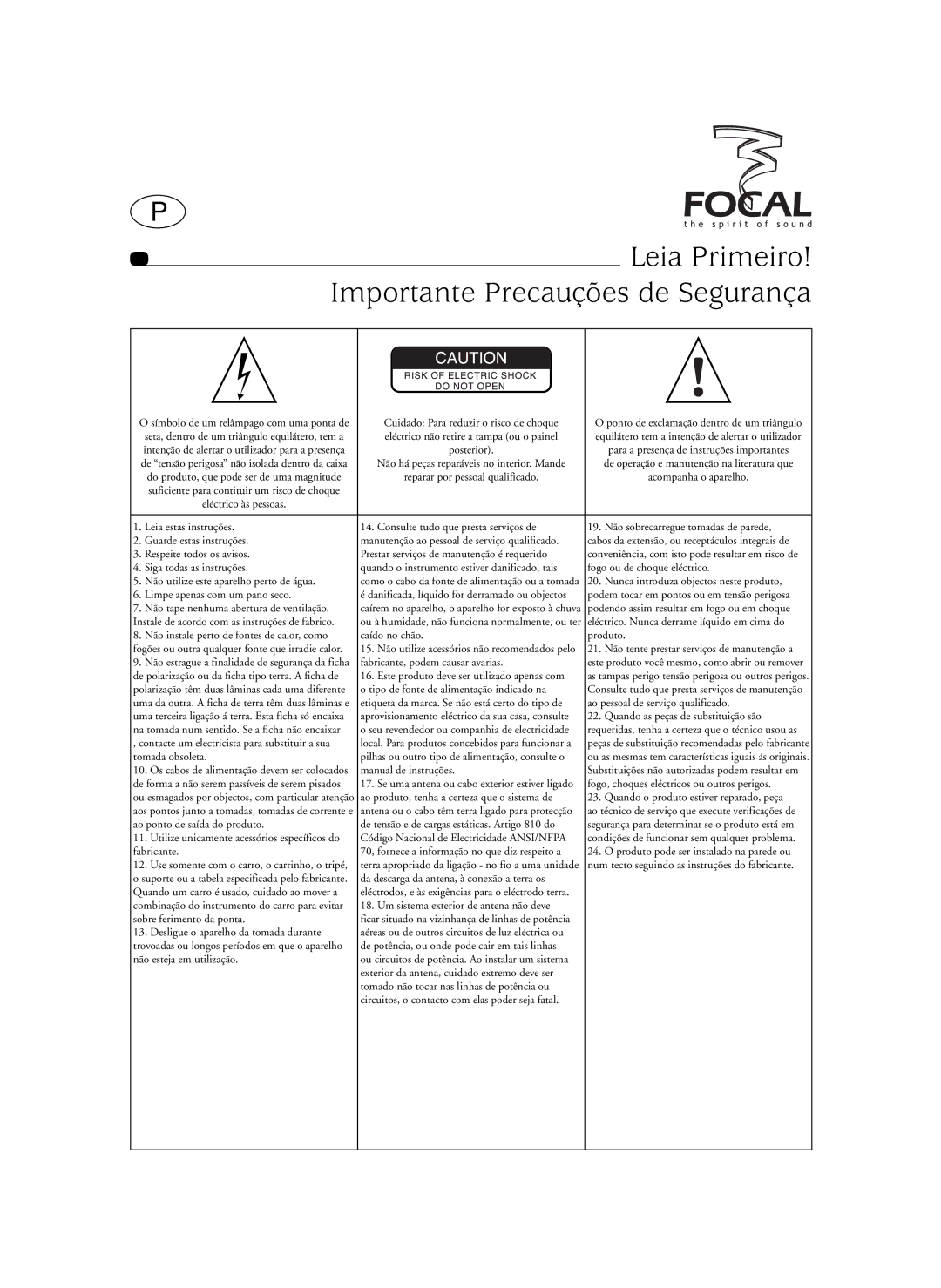 Focal SIB XXL, Sib XL user manual Leia Primeiro, Importante Precauções de Segurança 