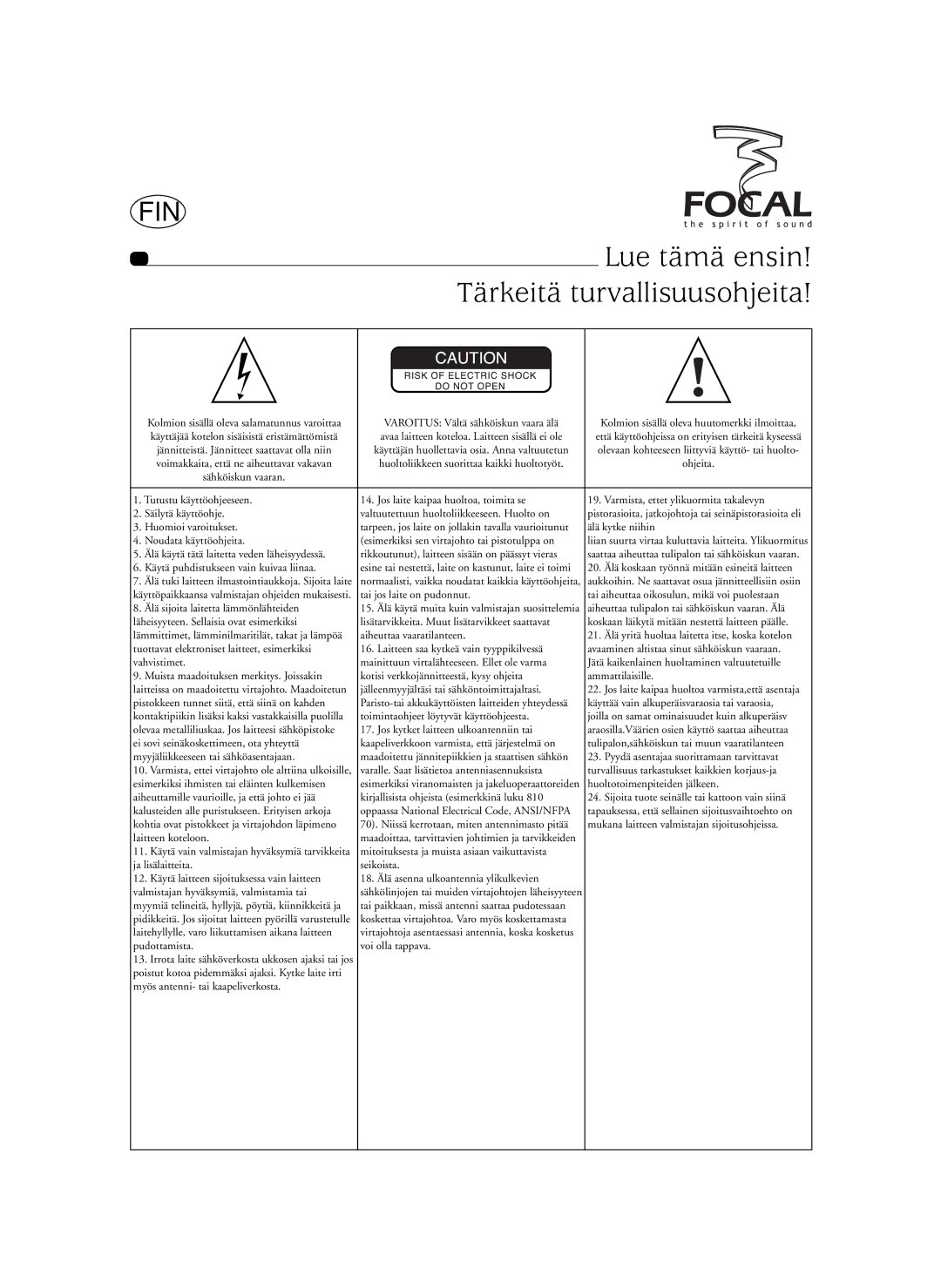 Focal Sib XL, SIB XXL user manual Lue tämä ensin, Tärkeitä turvallisuusohjeita 