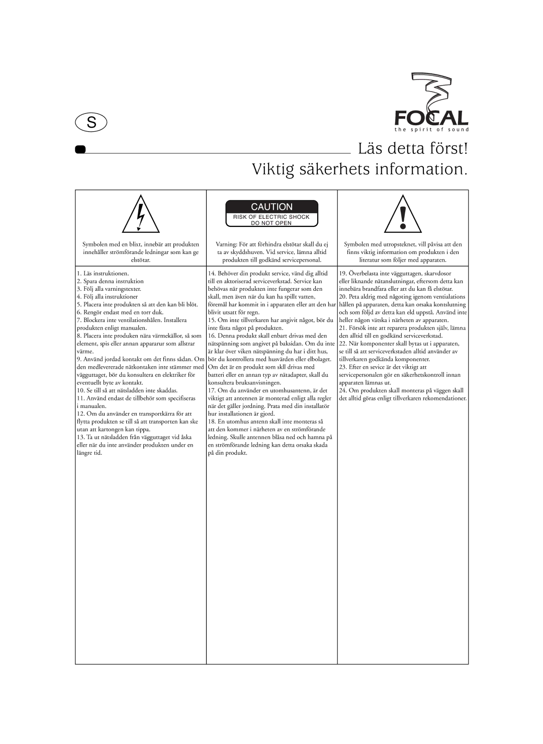 Focal SIB XXL, Sib XL user manual Läs detta först, Viktig säkerhets information 