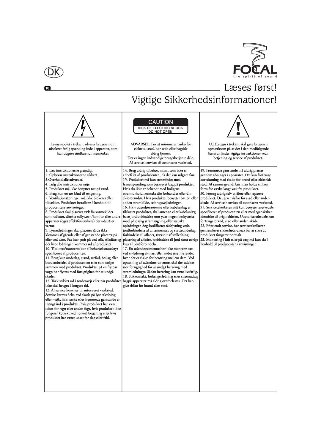 Focal SIB XXL, Sib XL user manual Læses først, Vigtige Sikkerhedsinformationer 