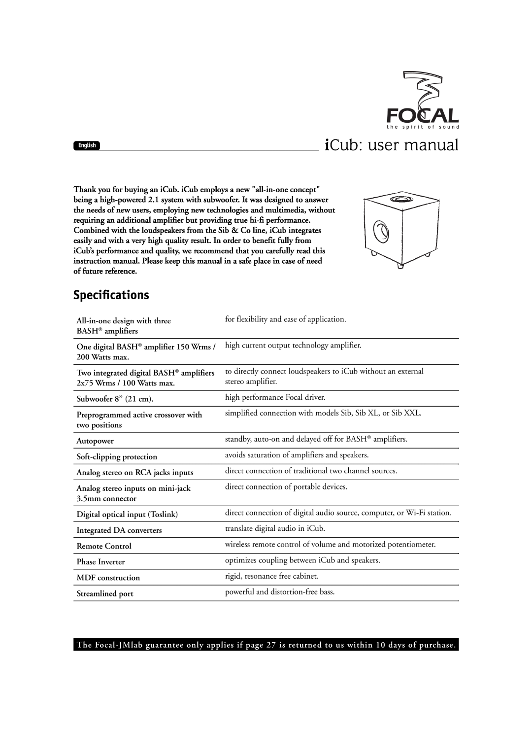 Focal Sib XL, SIB XXL user manual Speciﬁcations 