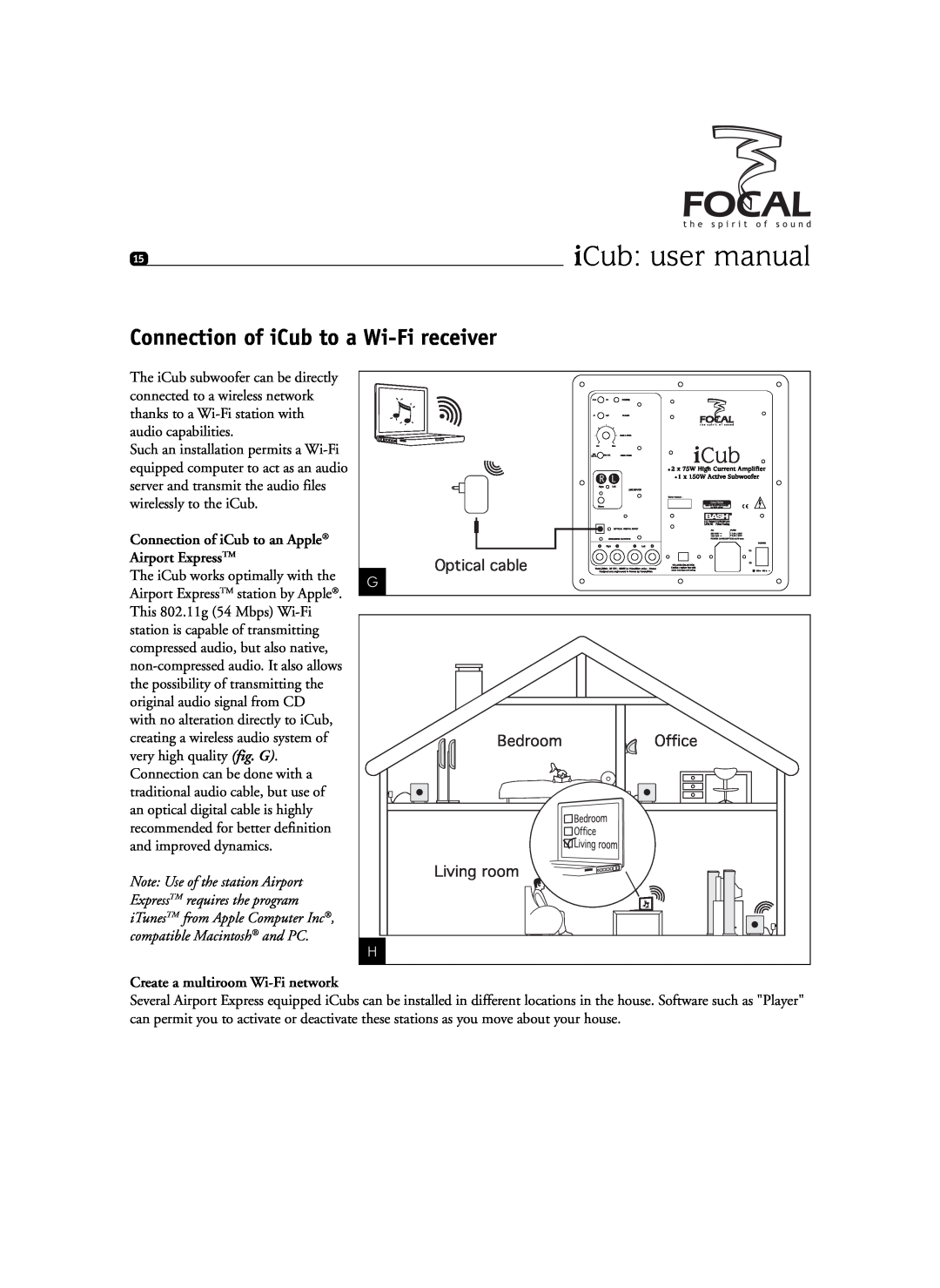 Focal SIB XXL, Sib XL user manual Connection of iCub to a Wi-Fireceiver, Connection of iCub to an Apple Airport ExpressTM 