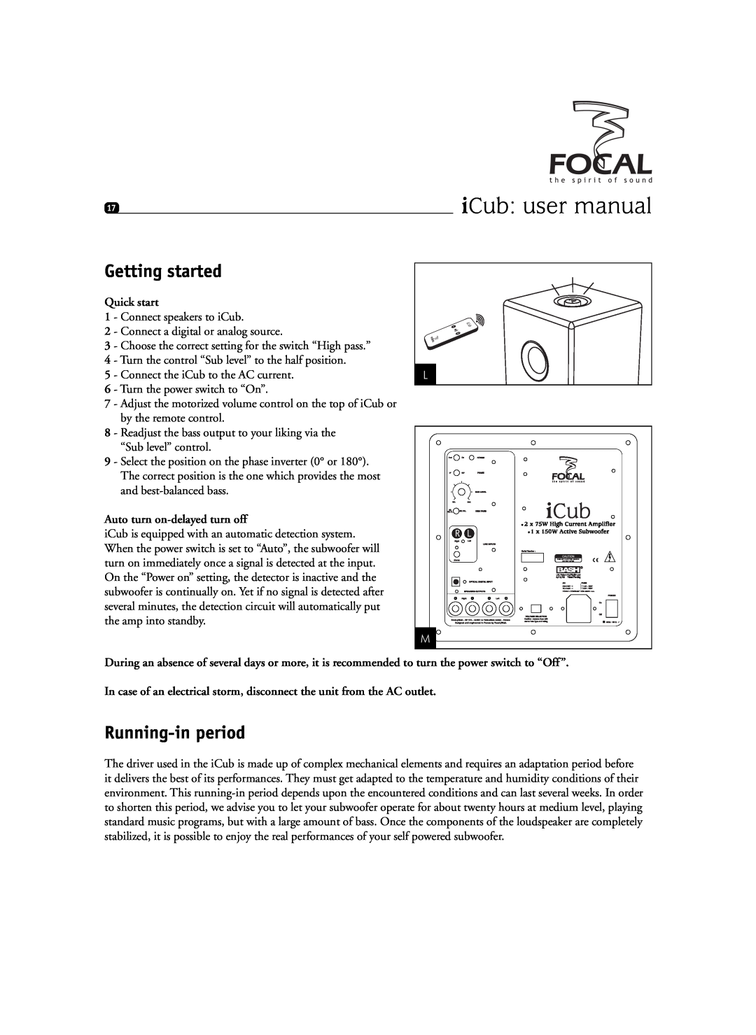 Focal Sib XL, SIB XXL user manual Getting started, Running-inperiod, Quick start, Auto turn on-delayedturn off 