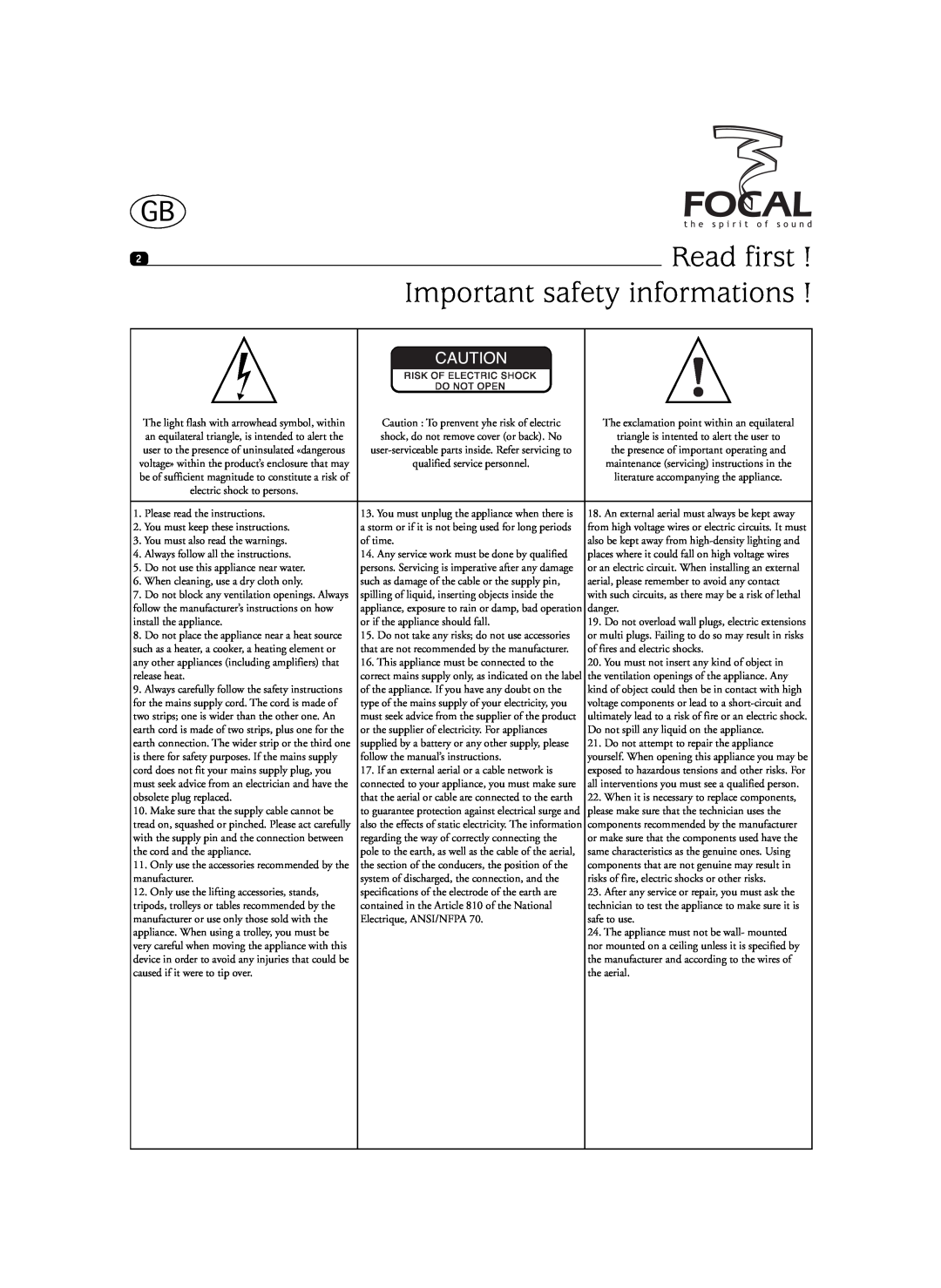 Focal Sib XL, SIB XXL user manual Read first, Important safety informations 