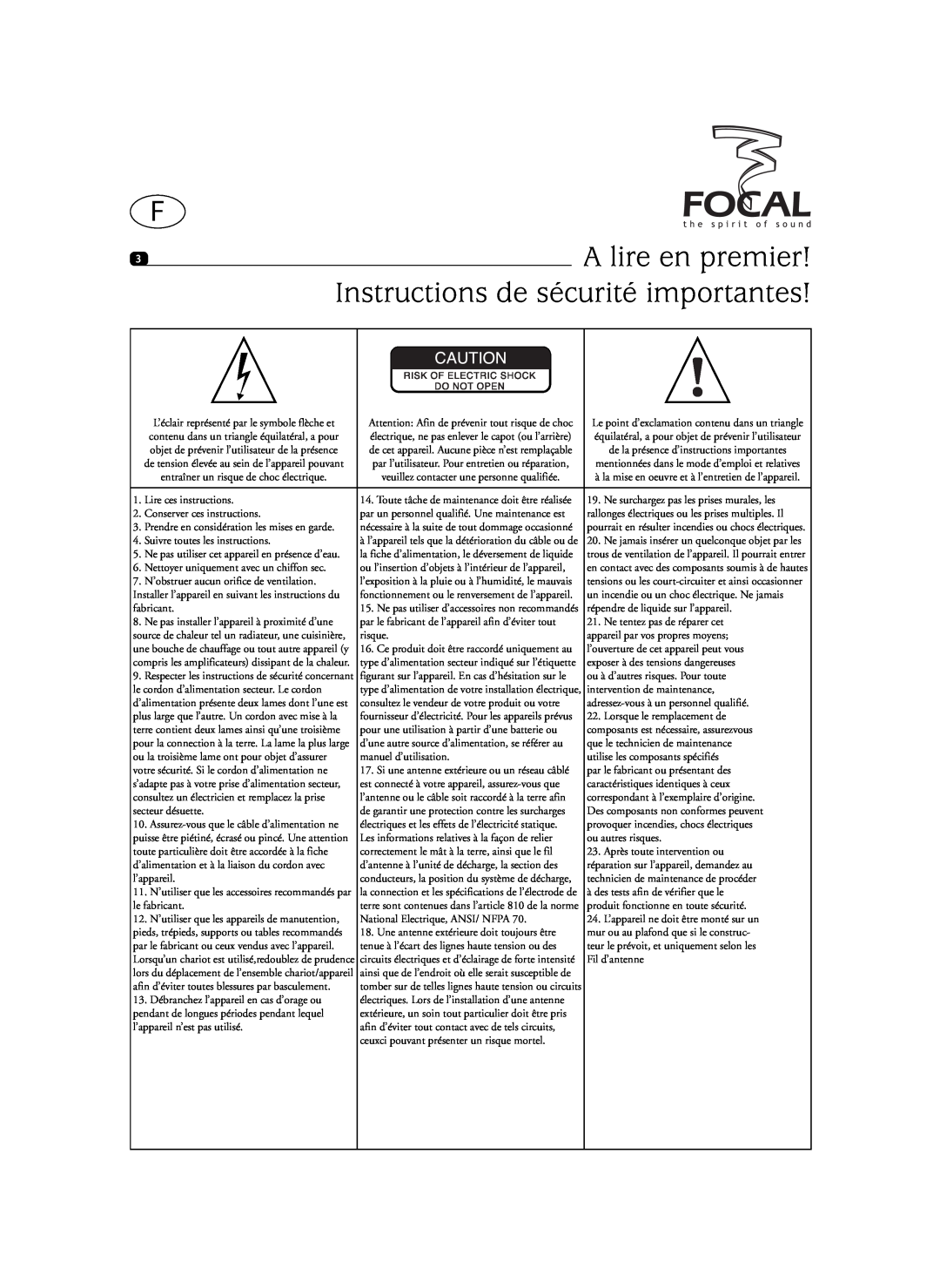 Focal SIB XXL, Sib XL user manual A lire en premier, Instructions de sécurité importantes 