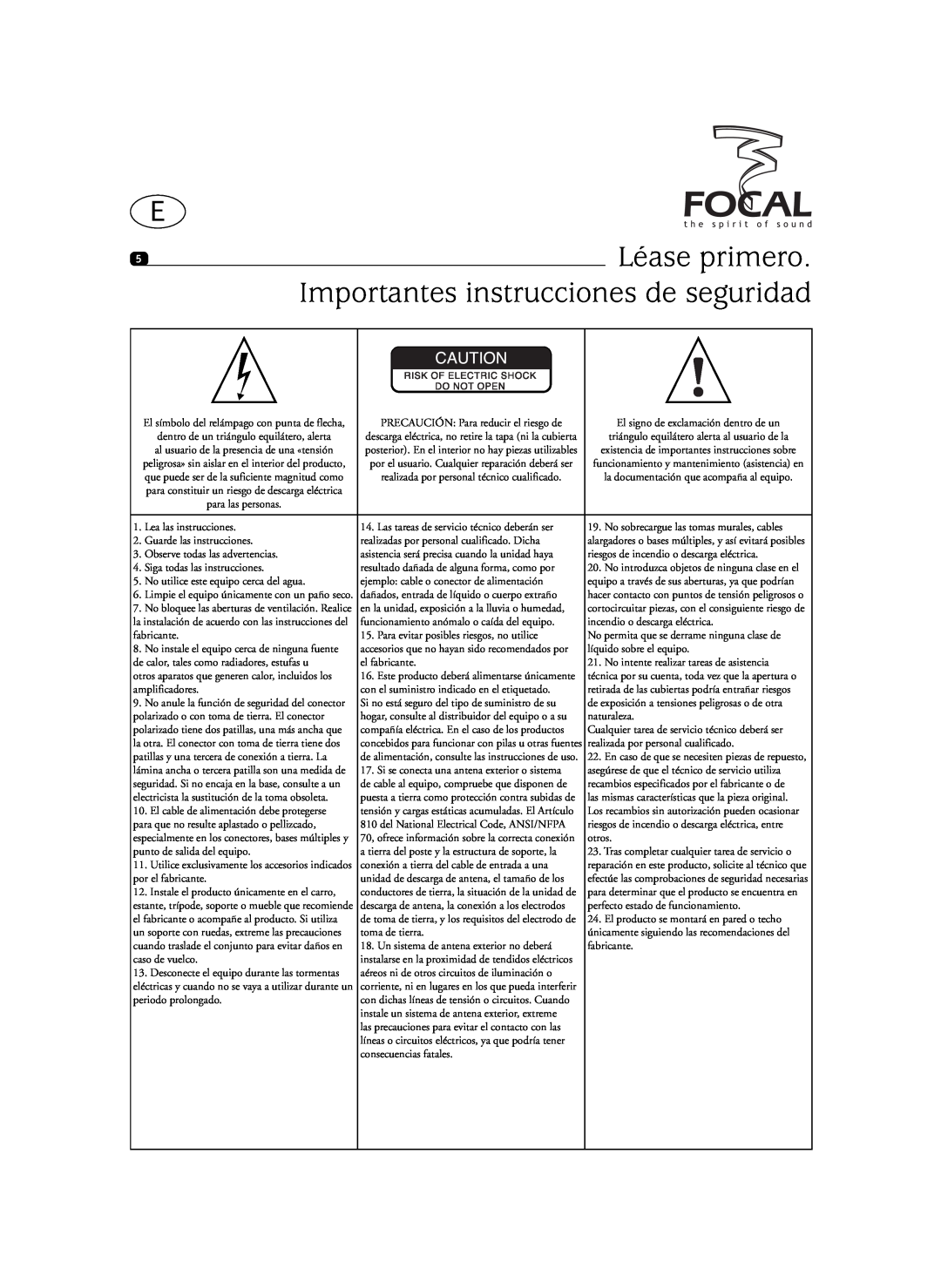 Focal Sib XL, SIB XXL user manual Léase primero, Importantes instrucciones de seguridad 
