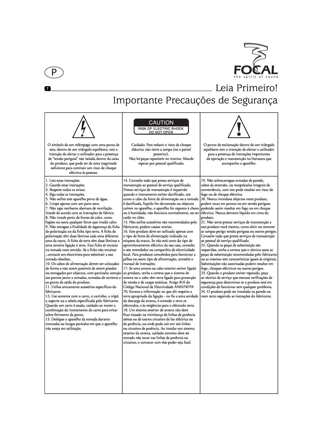 Focal SIB XXL, Sib XL user manual Leia Primeiro, Importante Precauções de Segurança 