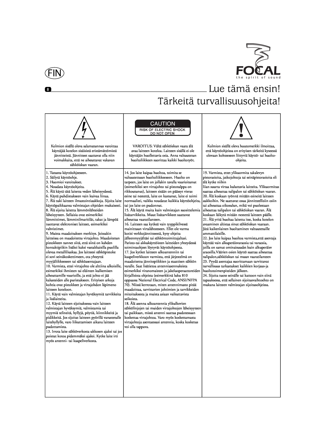 Focal Sib XL, SIB XXL user manual Lue tämä ensin, Tärkeitä turvallisuusohjeita 