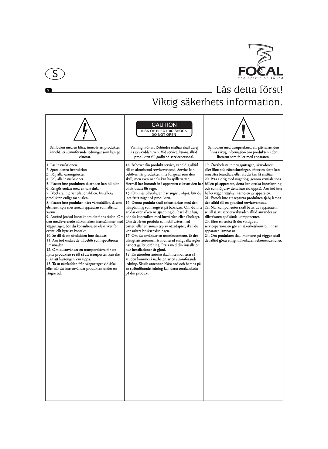 Focal SIB XXL, Sib XL user manual Läs detta först, Viktig säkerhets information 
