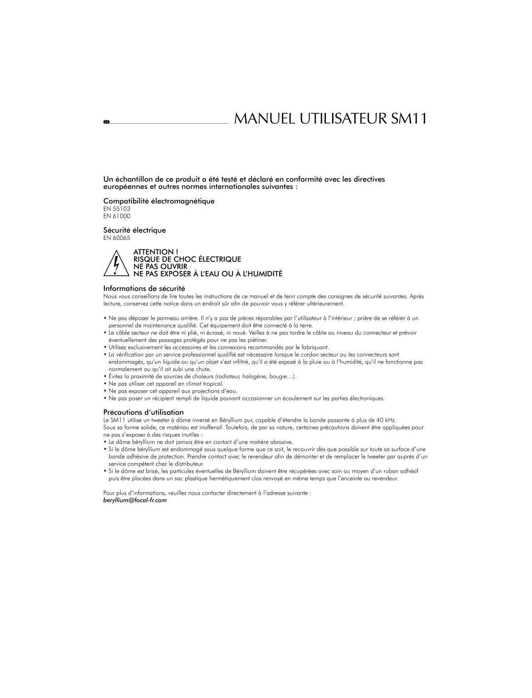 Focal SM11 user manual Informations de sécurité, Précautions d’utilisation 