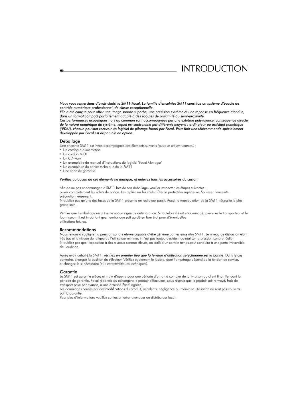 Focal SM11 user manual Déballage, Recommandations, Garantie 