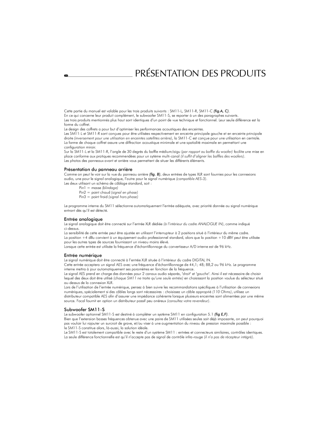 Focal user manual Présentation du panneau arrière, Entrée analogique, Entrée numérique, Subwoofer SM11-S 