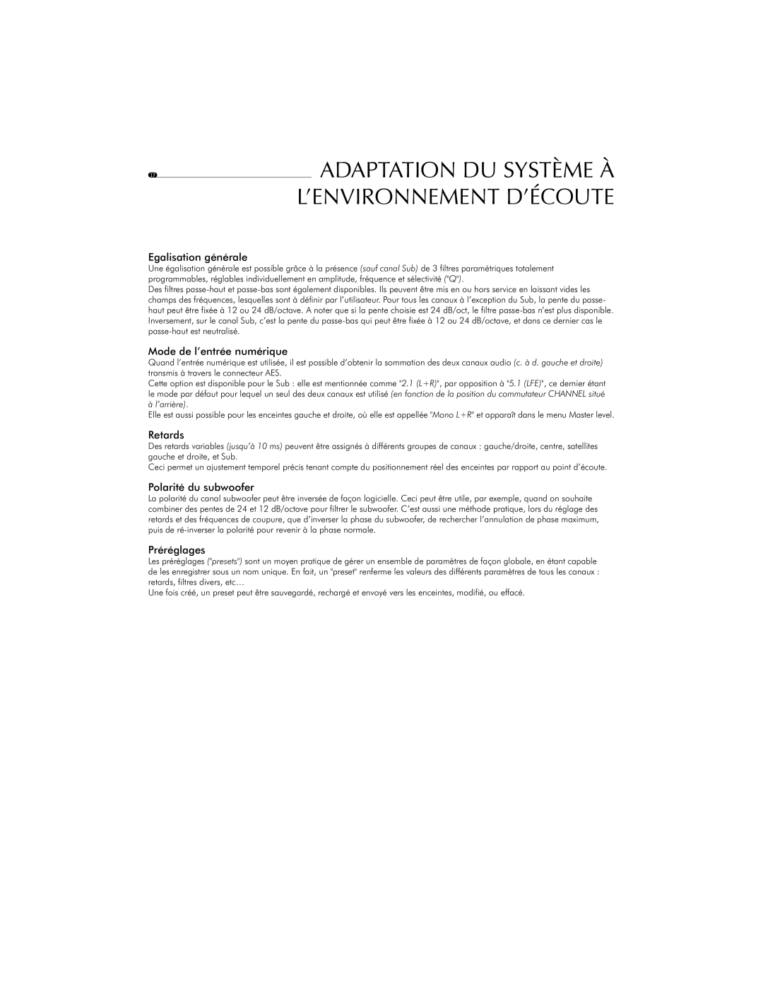 Focal SM11 user manual Egalisation générale, Mode de l’entrée numérique, Retards, Polarité du subwoofer, Préréglages 