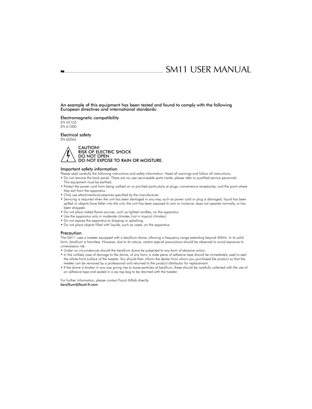 Focal SM11 user manual Important safety information, Precaution 