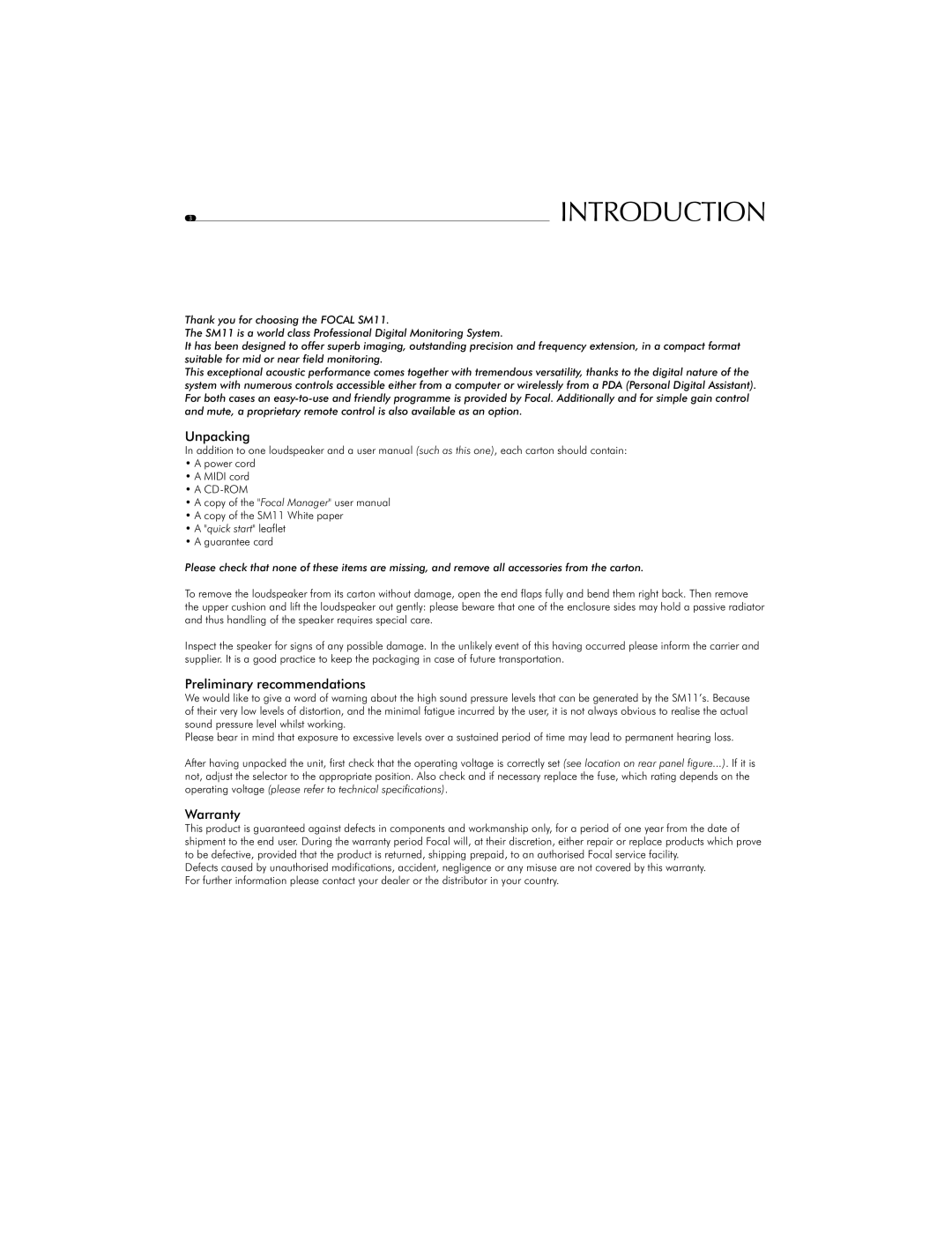 Focal SM11 user manual Unpacking, Preliminary recommendations, Warranty 