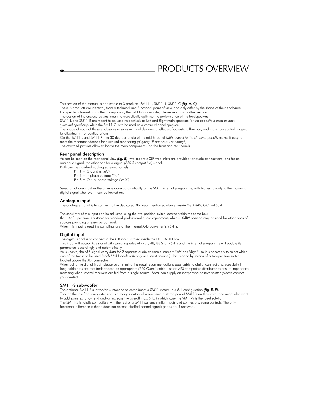 Focal user manual Rear panel description, Analogue input, Digital input, SM11-S subwoofer 