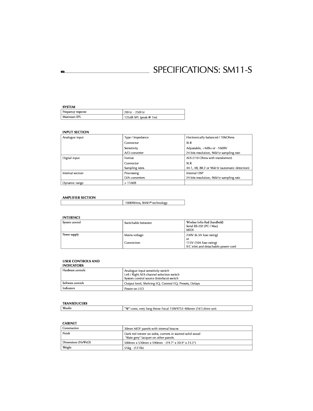 Focal SPECIFICATIONS SM11-S, System, Input Section, Amplifier Section, Interface, User Controls And Indicators, Cabinet 