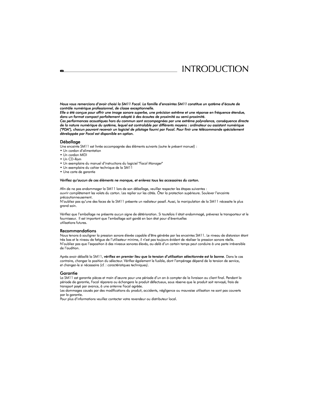 Focal SM11 user manual Déballage, Recommandations, Garantie, Introduction 