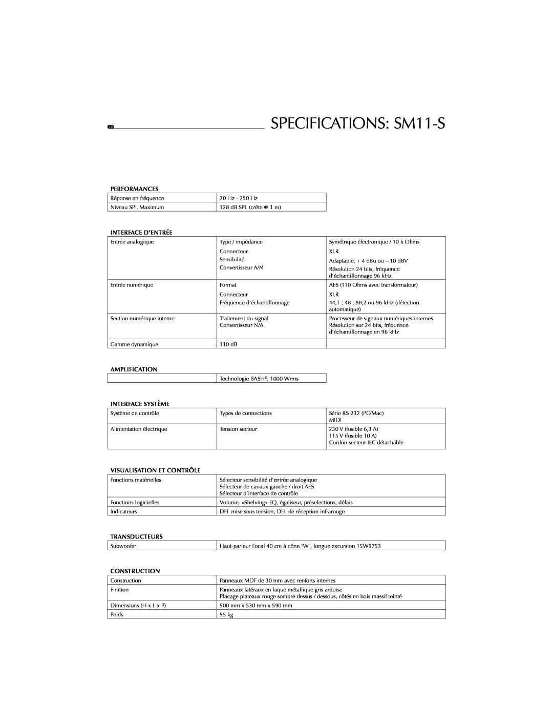 Focal SPECIFICATIONS SM11-S, Performances, Interface D’Entrée, Amplification, Interface Système, Transducteurs 