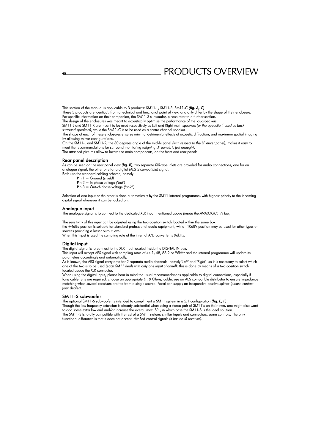 Focal user manual Products Overview, Rear panel description, Analogue input, Digital input, SM11-Ssubwoofer 