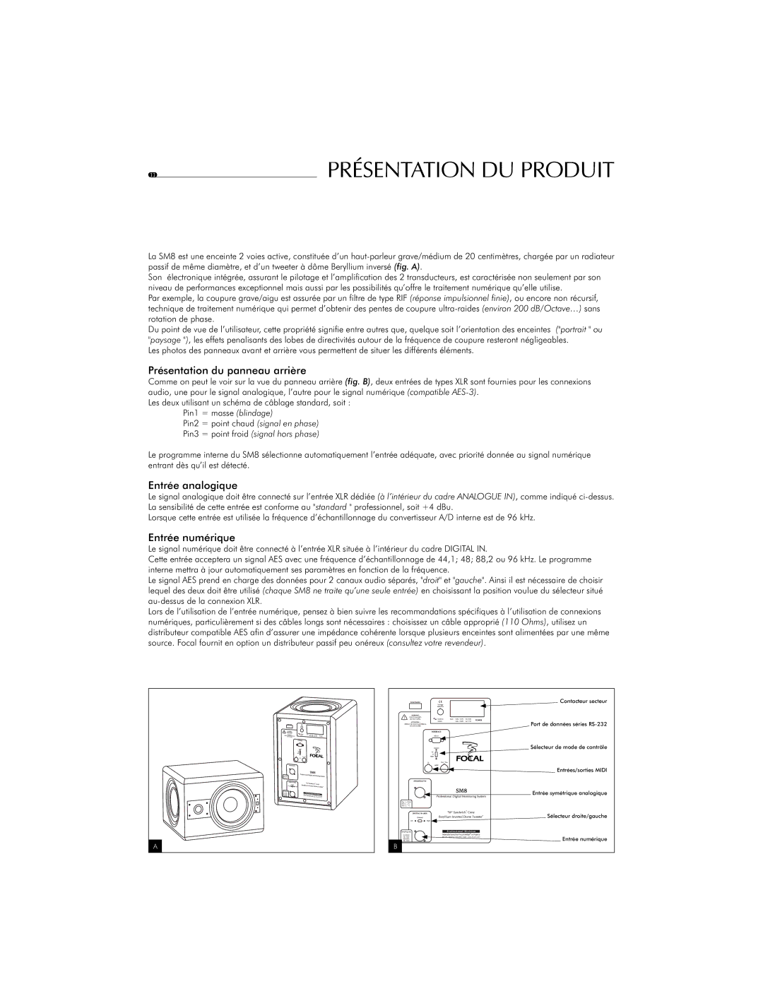 Focal SM8 user manual Présentation du panneau arrière, Entrée analogique, Entrée numérique 