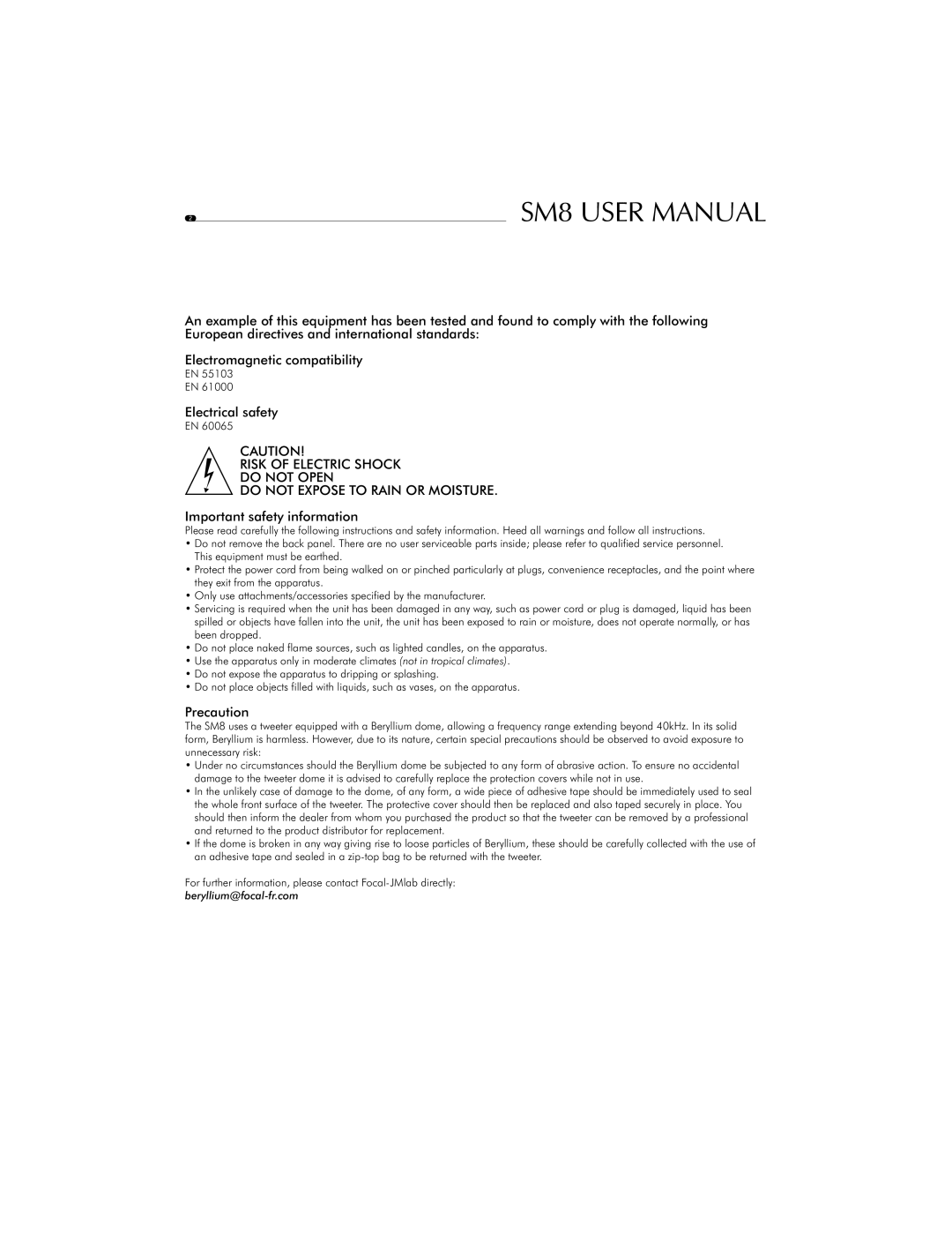 Focal SM8 user manual Important safety information, Precaution 