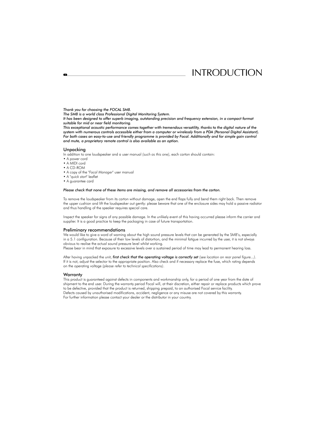 Focal SM8 user manual Unpacking, Preliminary recommendations, Warranty 