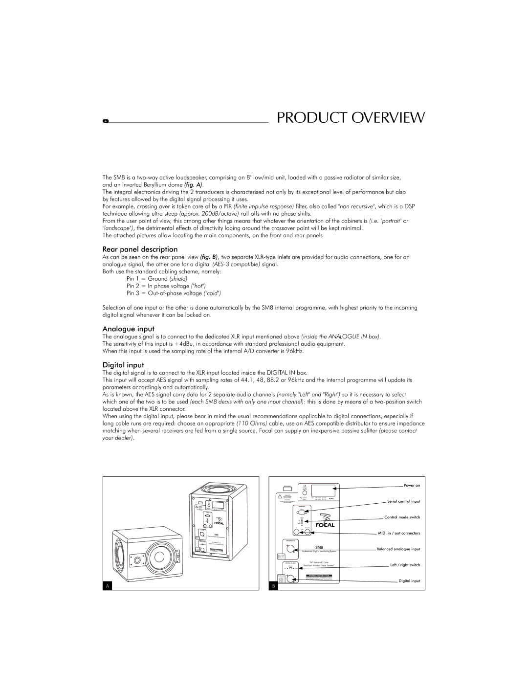 Focal SM8 user manual Rear panel description, Analogue input, Digital input 