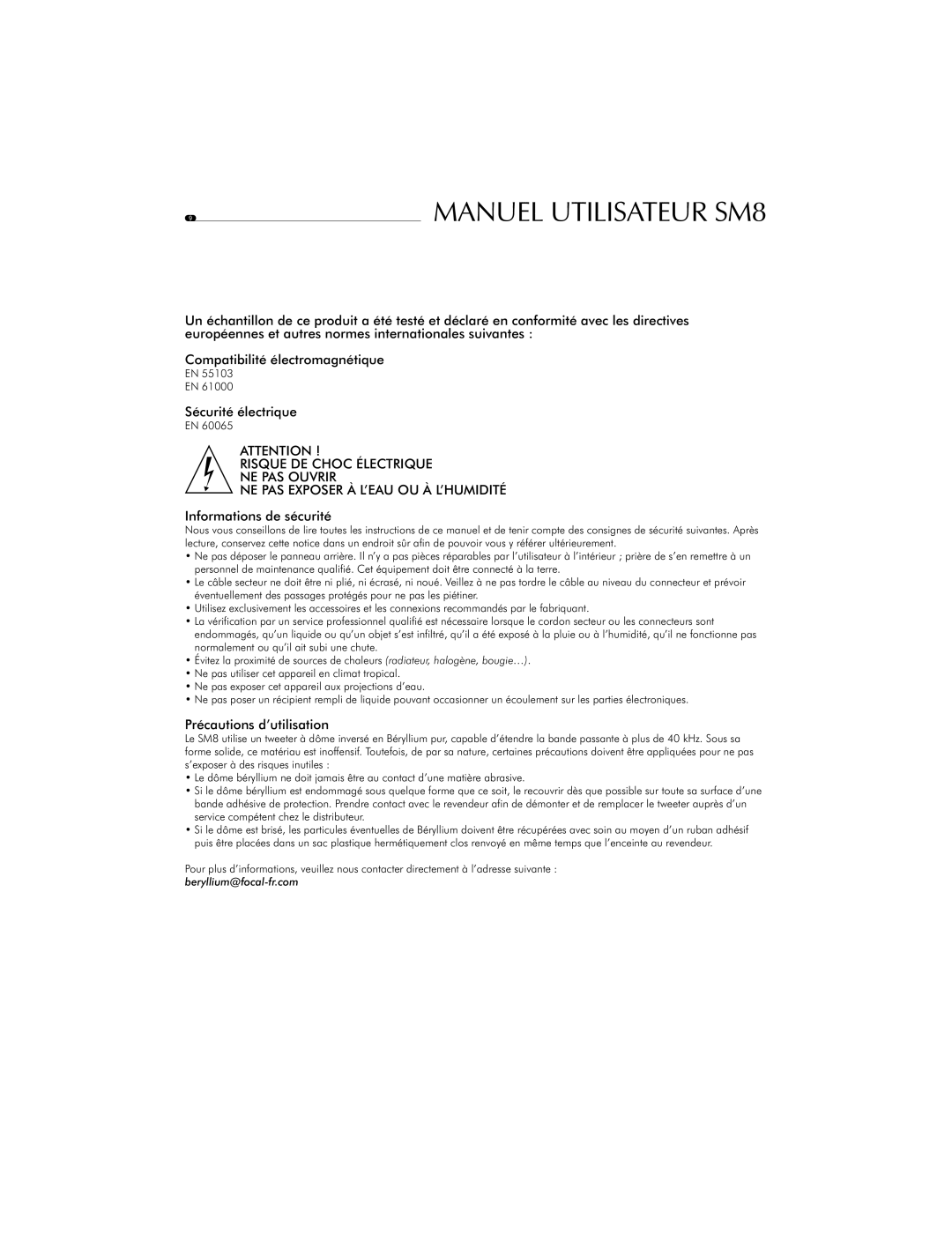 Focal SM8 user manual Informations de sécurité, Précautions d’utilisation 