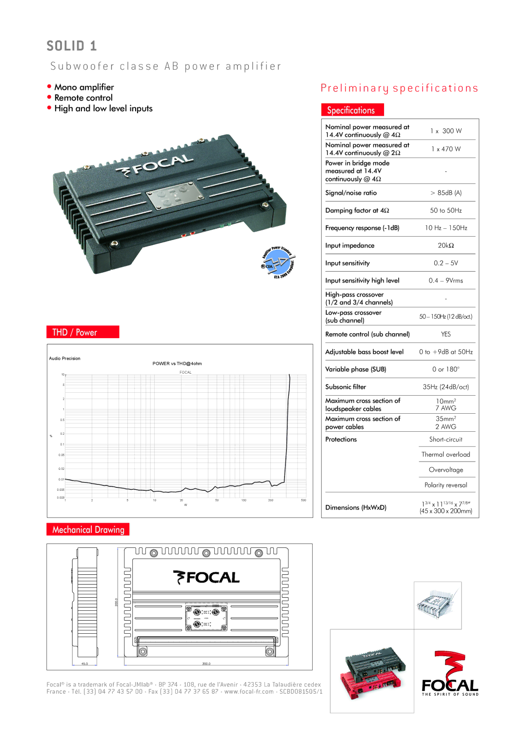 Focal SOLID 1 specifications Solid, B w o o f e r c l a s s e a B p o w e r a m p l i f i e r 