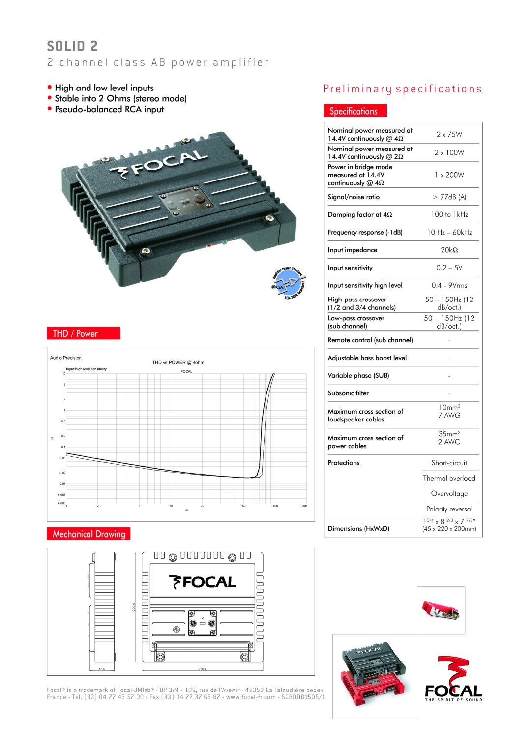 Focal SOLID 2 specifications Solid, H a n n e l c l a s s a B p o w e r a m p l i f i e r 