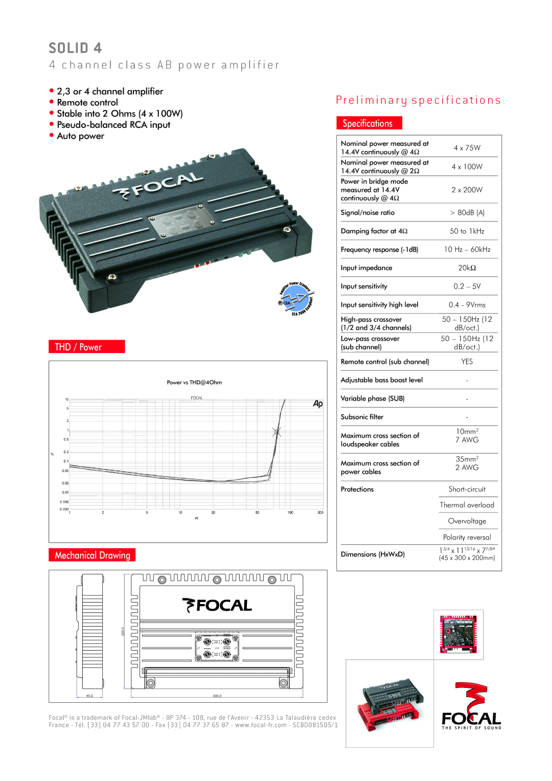 Focal Solid 4 specifications H a n n e l c l a s s a B p o w e r a m p l i f i e r, THD / Power, Mechanical Drawing 