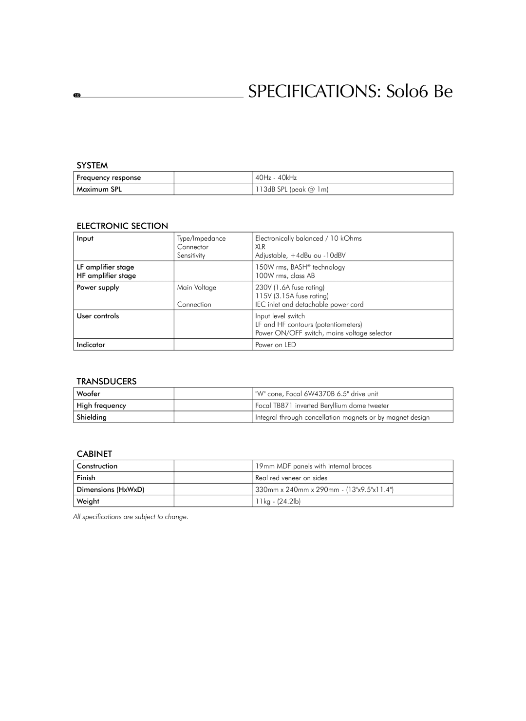 Focal Sub6, Twin6 Be user manual Specifications Solo6 Be, All specifications are subject to change 