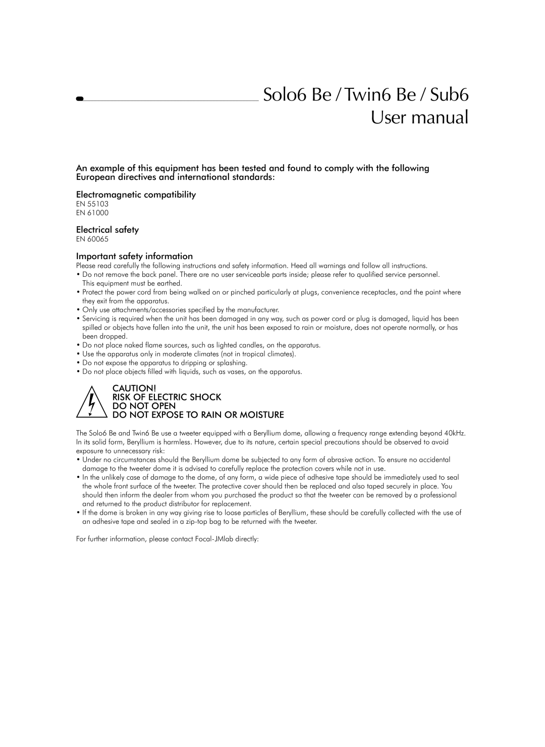 Focal user manual Solo6 Be / Twin6 Be / Sub6 