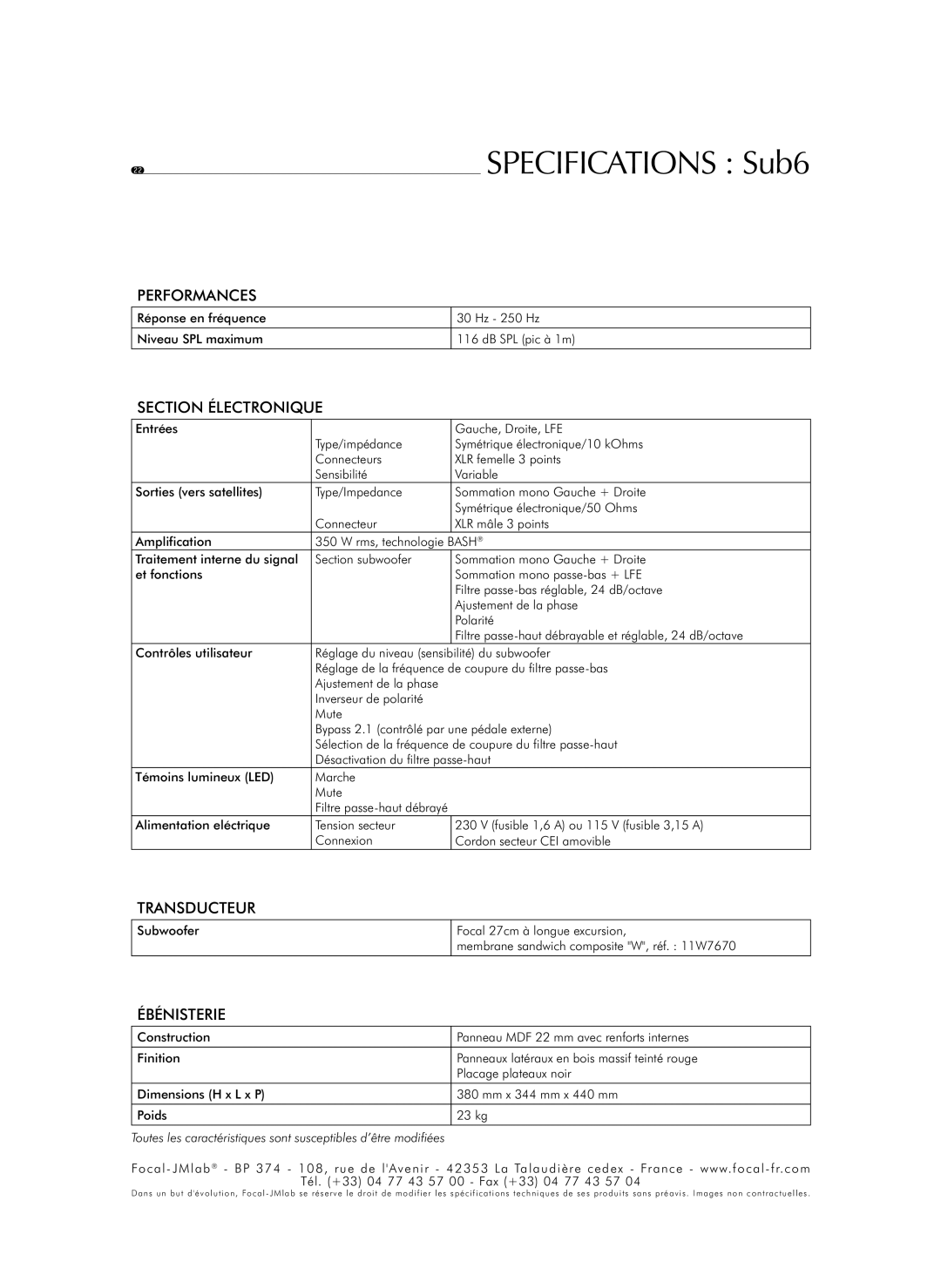 Focal Twin6 Be, Solo6 Be user manual Specifications Sub6, Section Électronique 