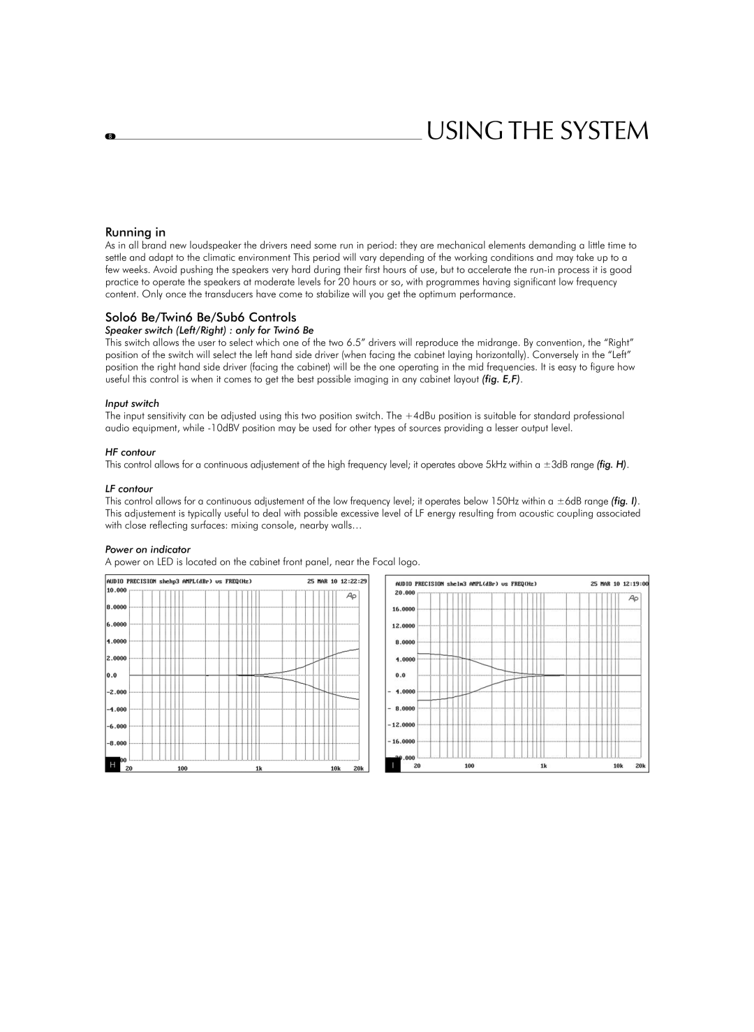 Focal user manual Running, Solo6 Be/Twin6 Be/Sub6 Controls 