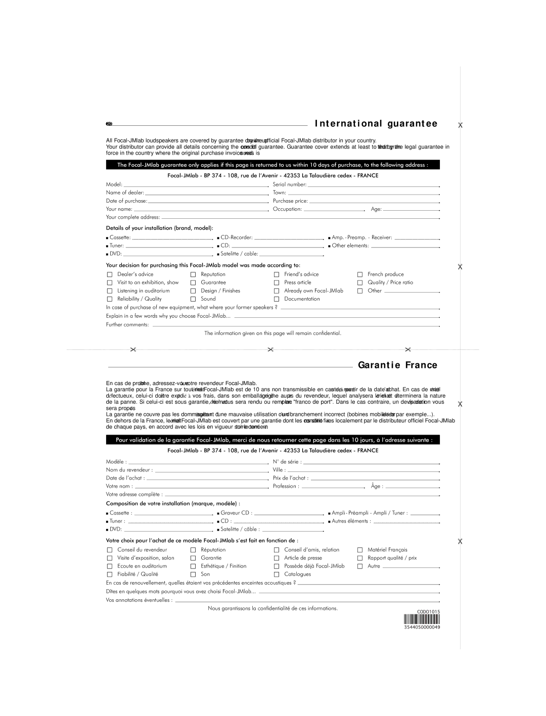 Focal Utopia Beryllium Line user manual International guarantee 