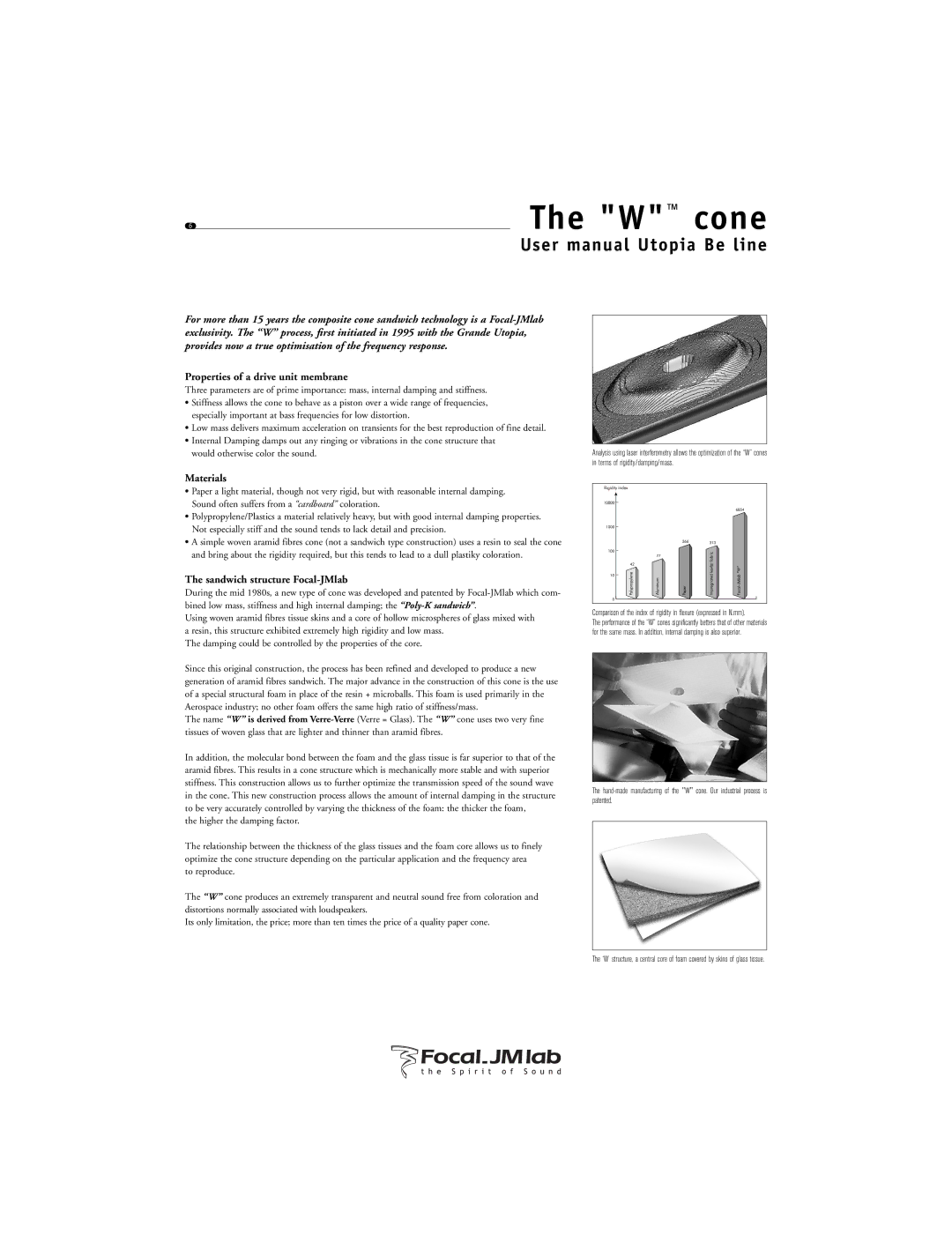 Focal Utopia Beryllium Line user manual Properties of a drive unit membrane, Materials, Sandwich structure Focal-JMlab 