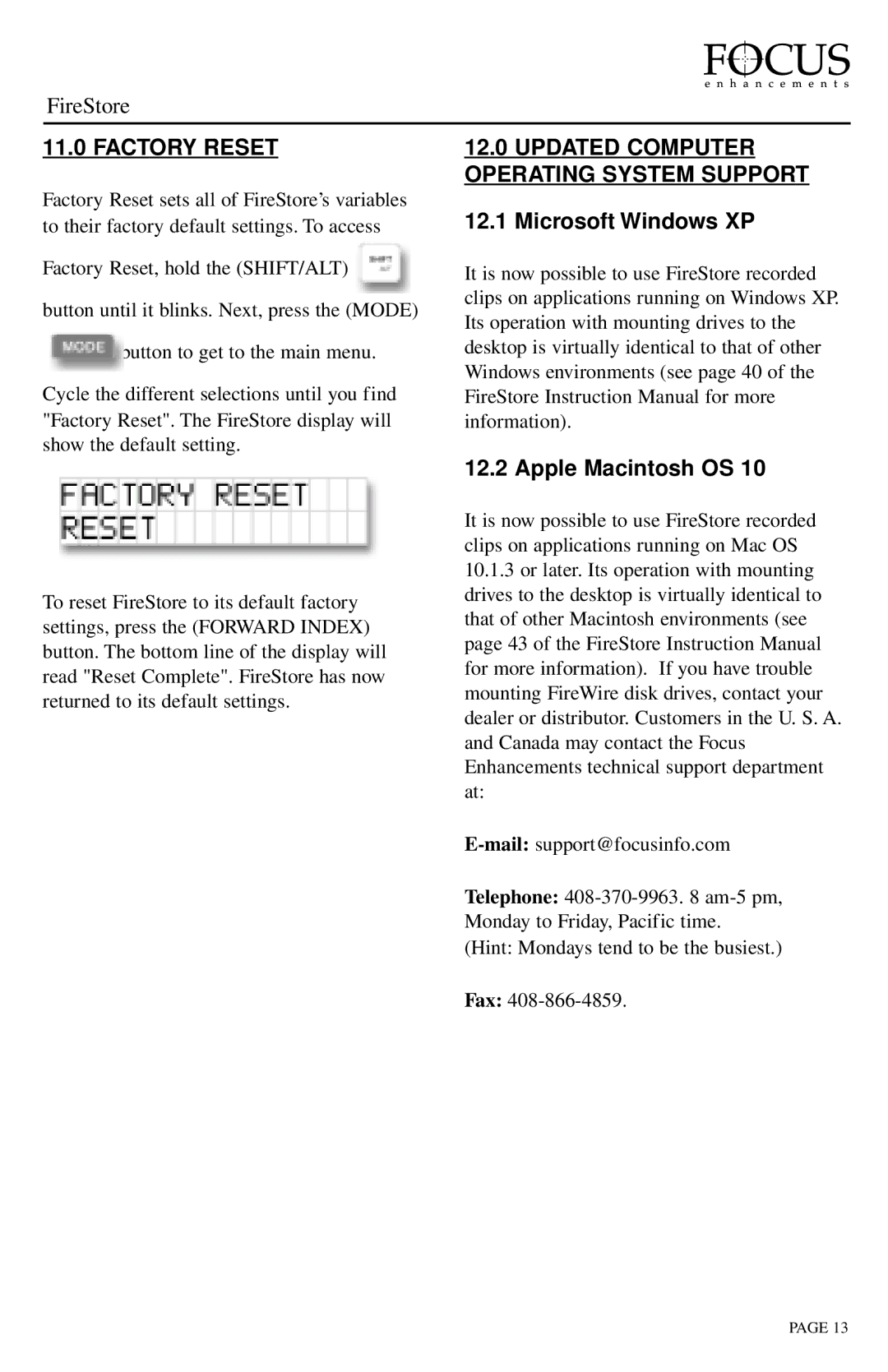 FOCUS Enhancements 2.3 Factory Reset, Updated Computer Operating System Support, Microsoft Windows XP Apple Macintosh OS 