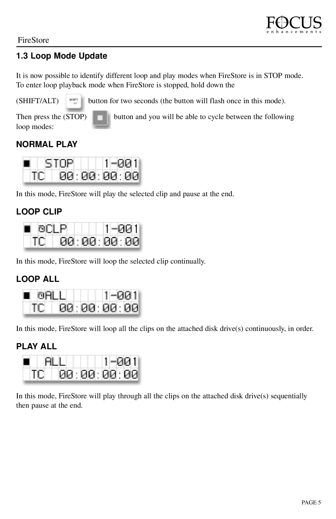 FOCUS Enhancements 2.3 instruction manual Loop Mode Update, Normal Play, Loop Clip, Loop ALL, Play ALL 