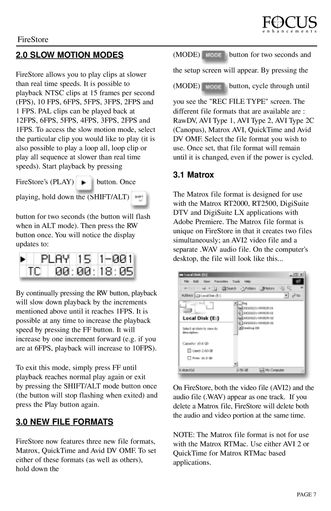 FOCUS Enhancements 2.3 instruction manual Slow Motion Modes, NEW File Formats, Matrox 