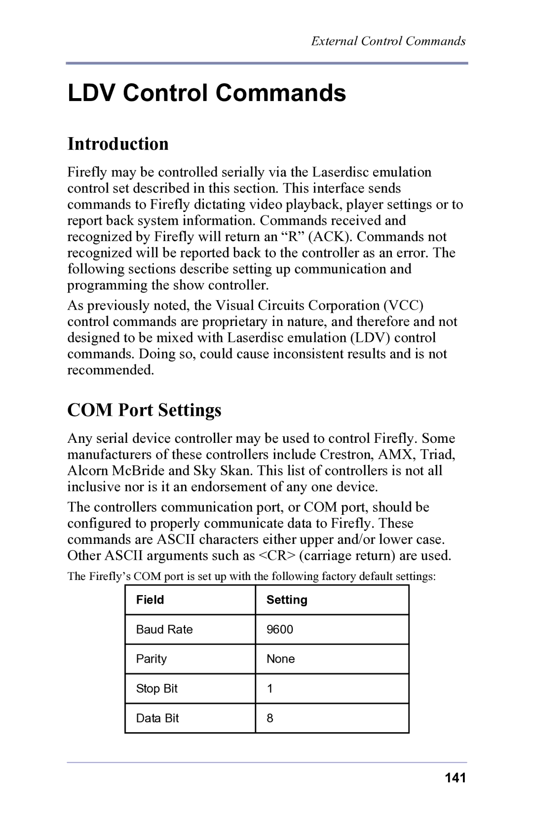 FOCUS Enhancements 3.2 user manual LDV Control Commands, Introduction, COM Port Settings 