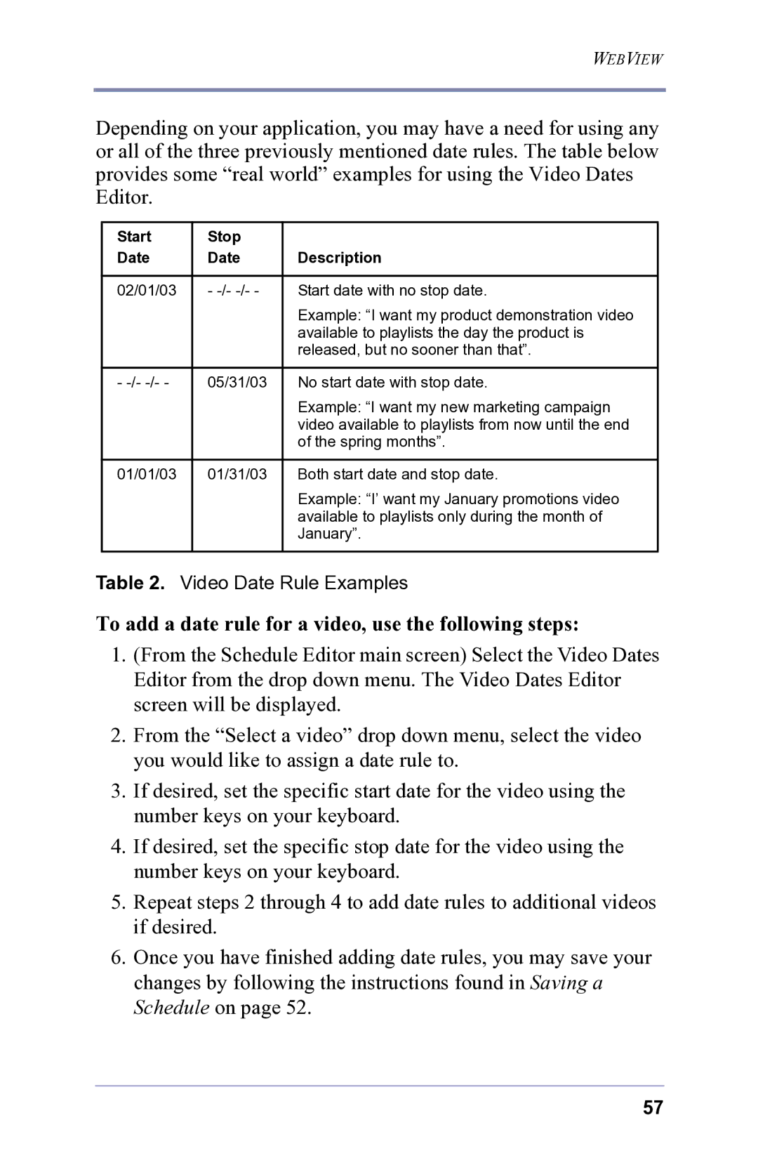 FOCUS Enhancements 3.2 user manual To add a date rule for a video, use the following steps, Start Stop Date Description 