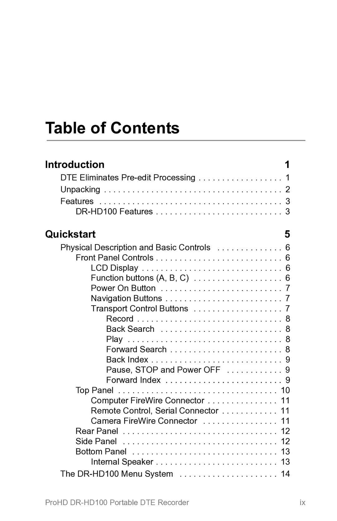 FOCUS Enhancements DR-HD100 manual Table of Contents 