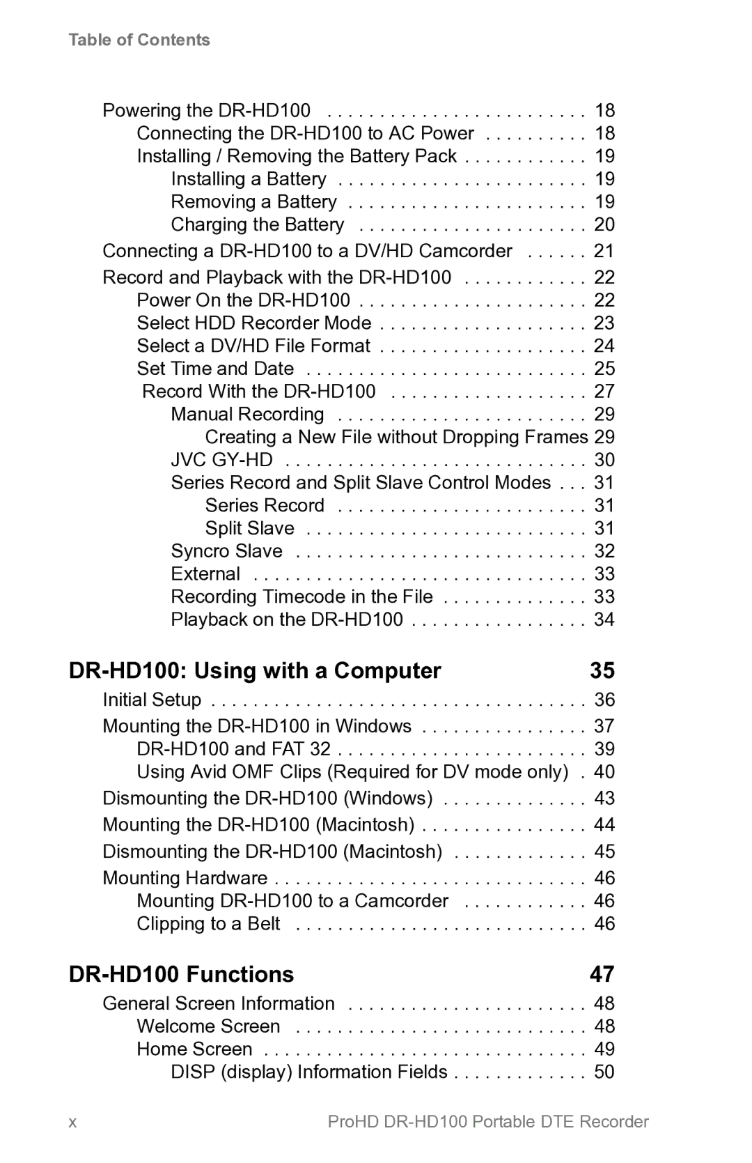 FOCUS Enhancements manual DR-HD100 Using with a Computer, DR-HD100 Functions 