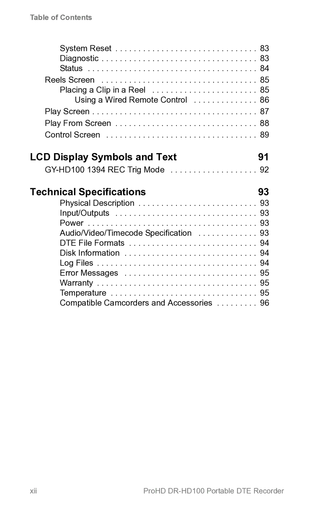 FOCUS Enhancements DR-HD100 manual LCD Display Symbols and Text, Technical Specifications 