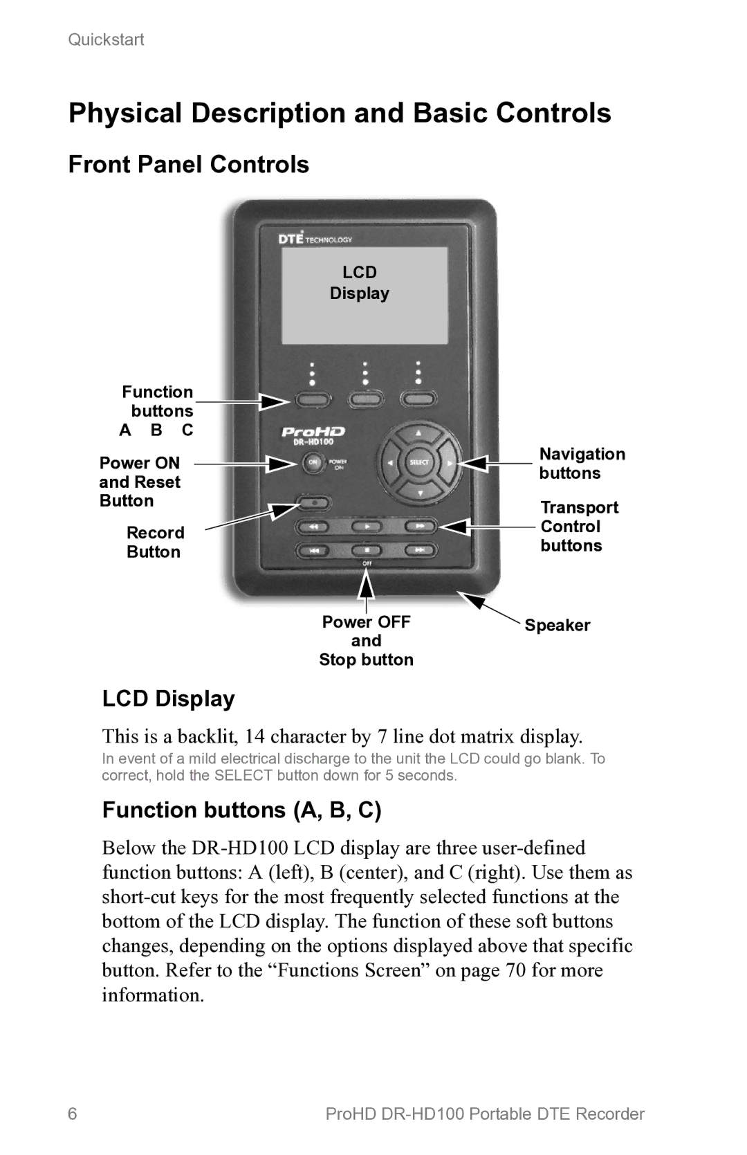 FOCUS Enhancements DR-HD100 manual Physical Description and Basic Controls, Front Panel Controls, LCD Display 