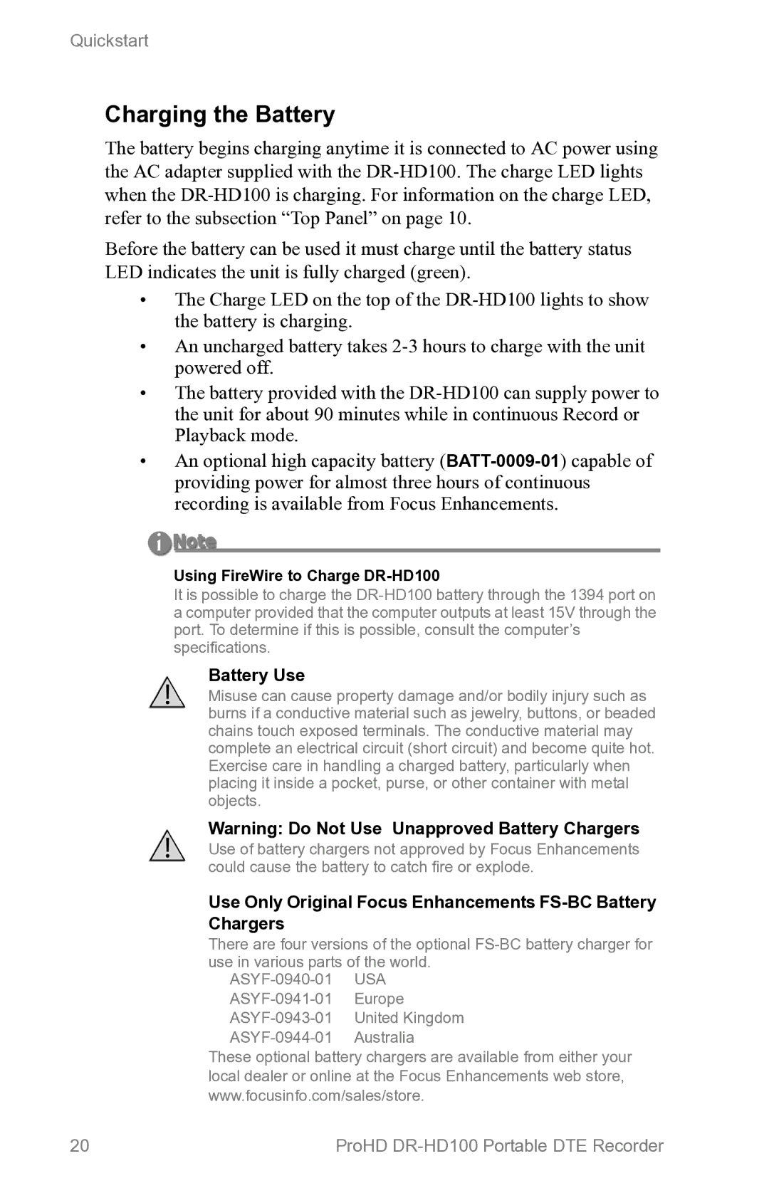 FOCUS Enhancements manual Charging the Battery, Using FireWire to Charge DR-HD100 