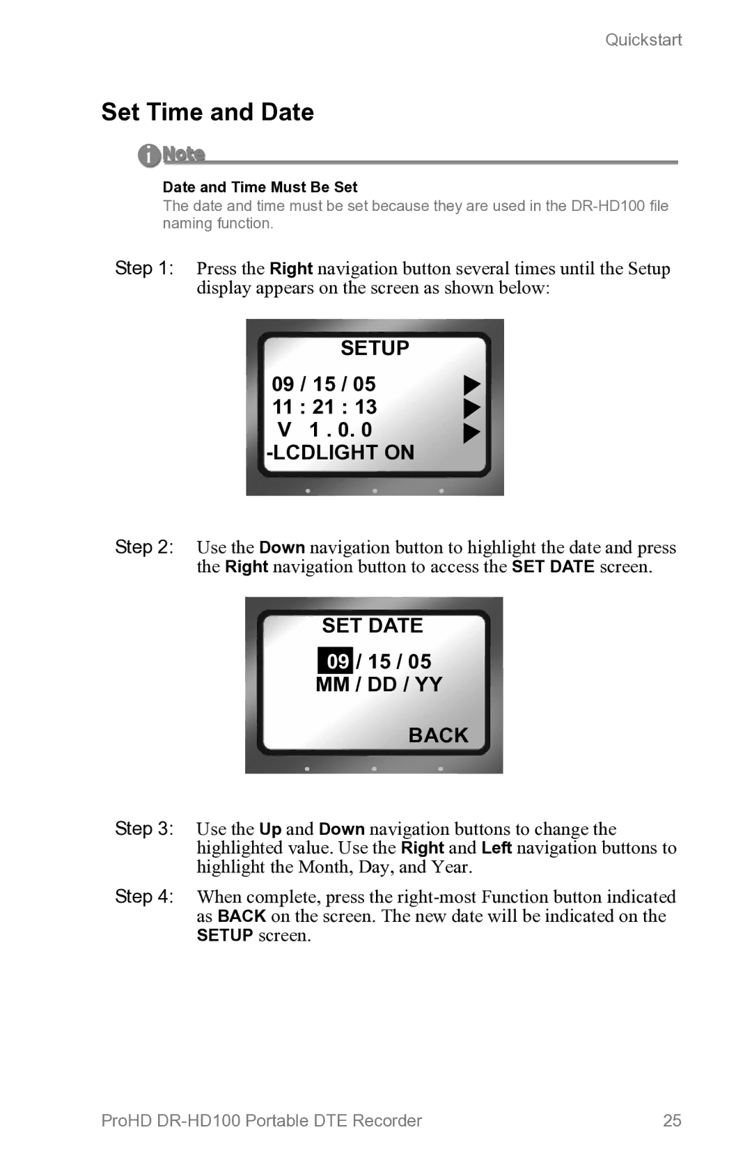 FOCUS Enhancements DR-HD100 manual Set Time and Date, Setup, Lcdlight on, SET Date, Back 