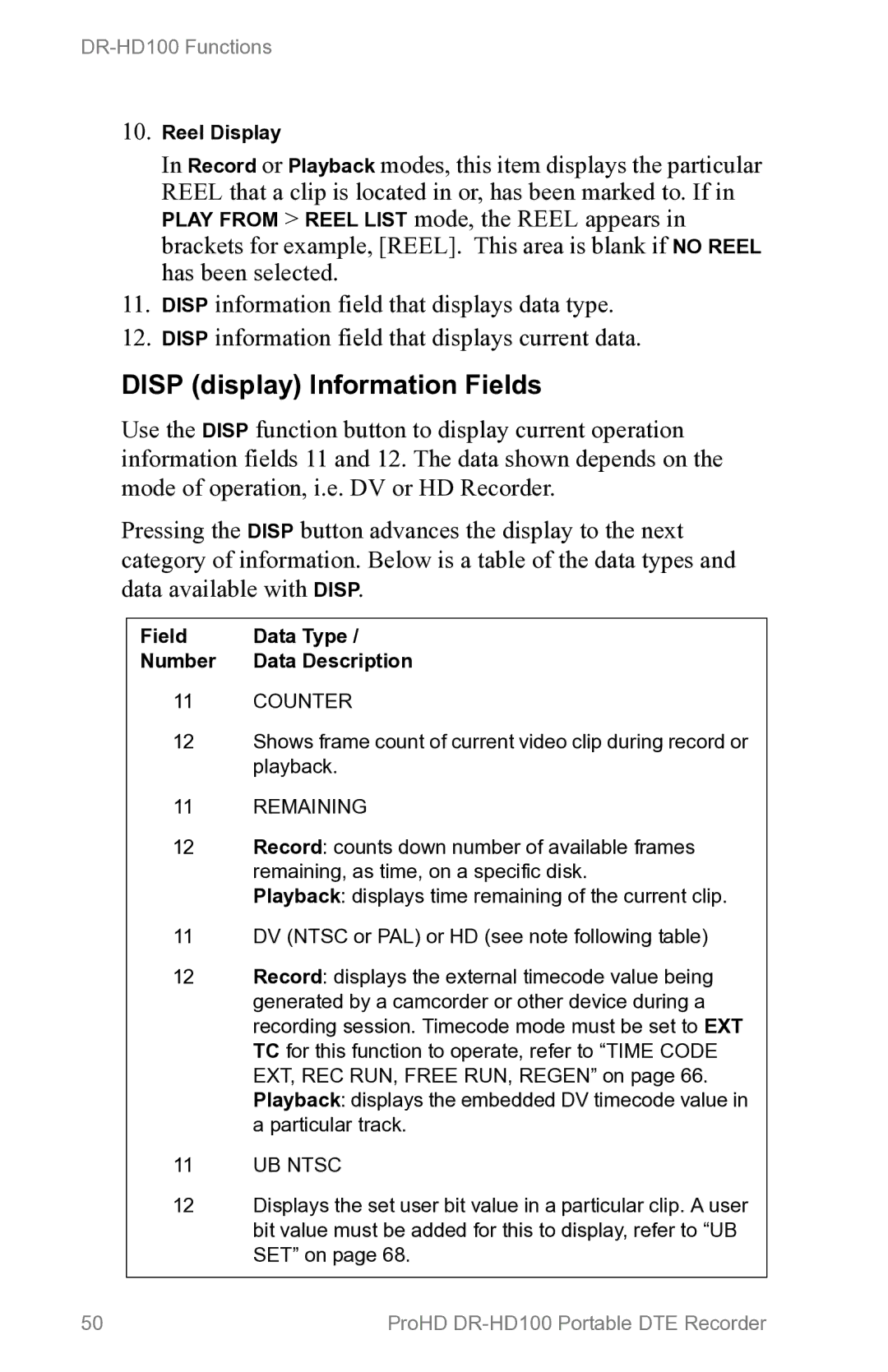 FOCUS Enhancements DR-HD100 manual Disp display Information Fields, Field Data Type Number Data Description 